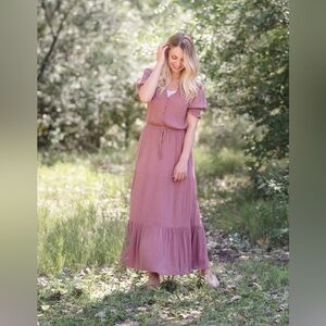 New Mauve Gauze Puff Sleeve Midi / Maxi Dress Small S Short Sleeve